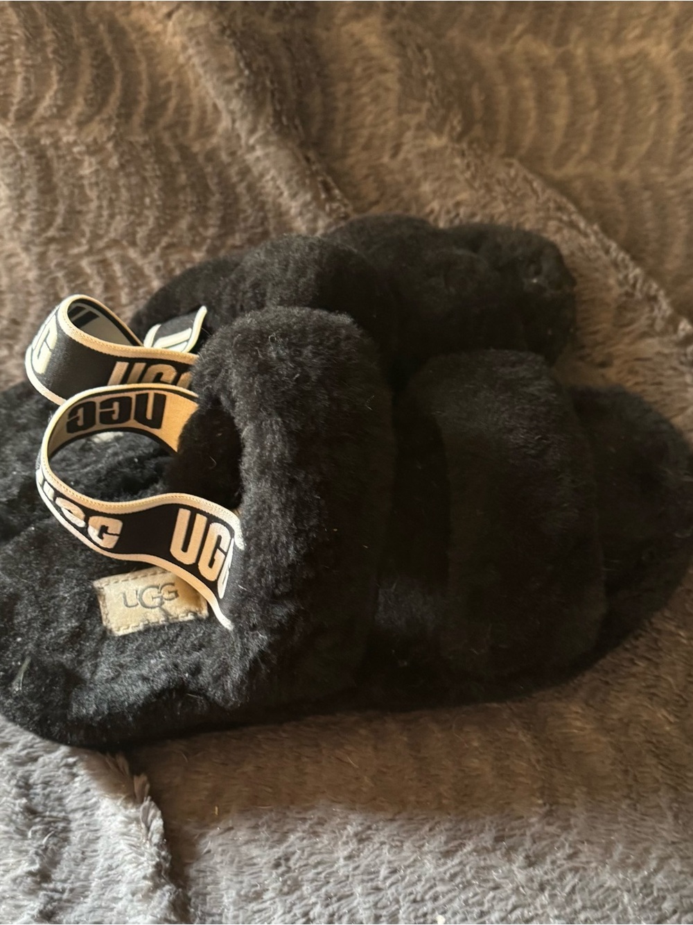 UGG Black Fluffy Slide Sandals with Branded Elastic Strap